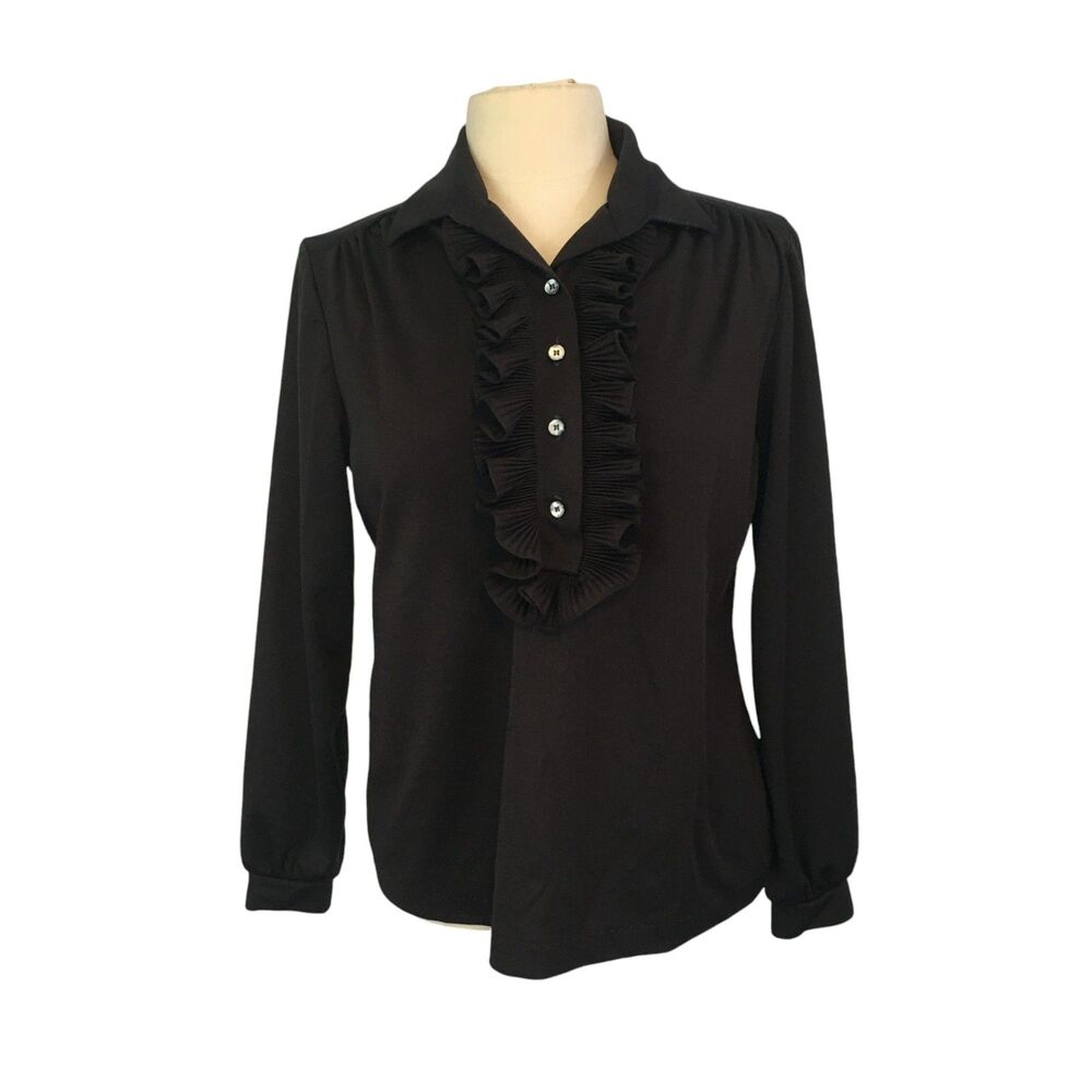 Lee Mar Vintage Womens Black Knit Secretary Blouse, Ruffle Front, 40‎ bust, Top